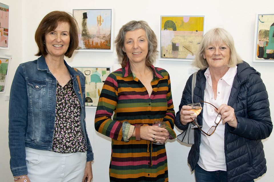 At the opening of Helen O'Connell' s art exhibition "Places Just Beyond Myself" in The Pig Yard Gallery were Berna Rackard, Helen O'Connell and Anne Joy