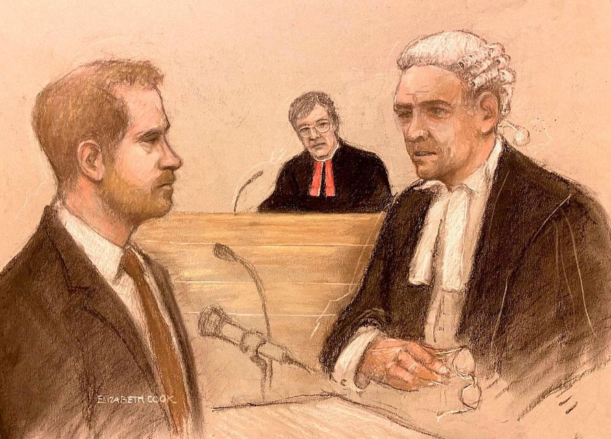 Court artist sketch by Elizabeth Cook of Harry being cross examined by Andrew Green KC. Photo: Elizabeth Cook/PA WireWire
