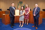 thumbnail: Cathaiorleach of the Wicklow Municipal District Paul O'Brien, CEO of Wicklow County Council Emer O' Gorman and Brian Gleeson present Sheena Doyle with the Cathaiorleach's Achievements and Contributions to Sport Award at a Civic Reception in Council Buildings, Wicklow town.