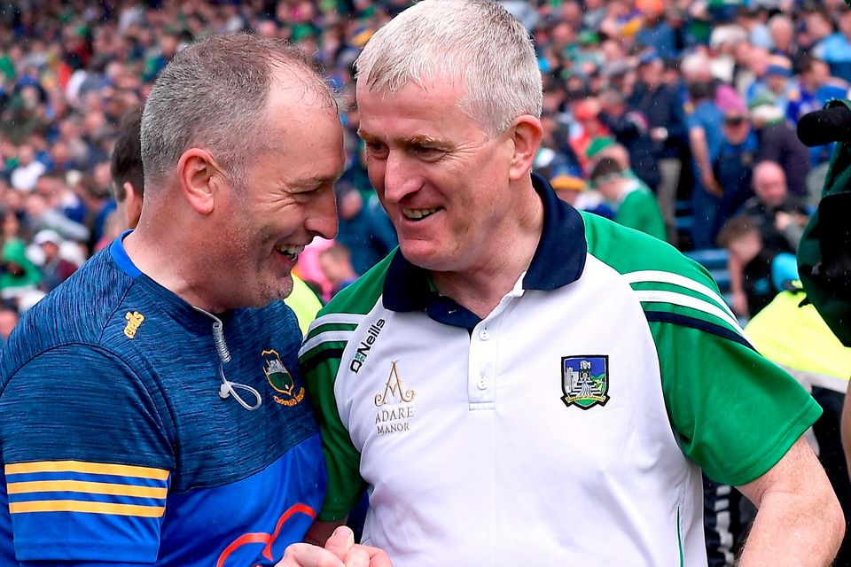Tipperary manager Liam Cahill and Limerick manager John Kiely after their Munster SHC round 4 clash last year. Photo: Piaras Ó Mídheach/Sportsfile