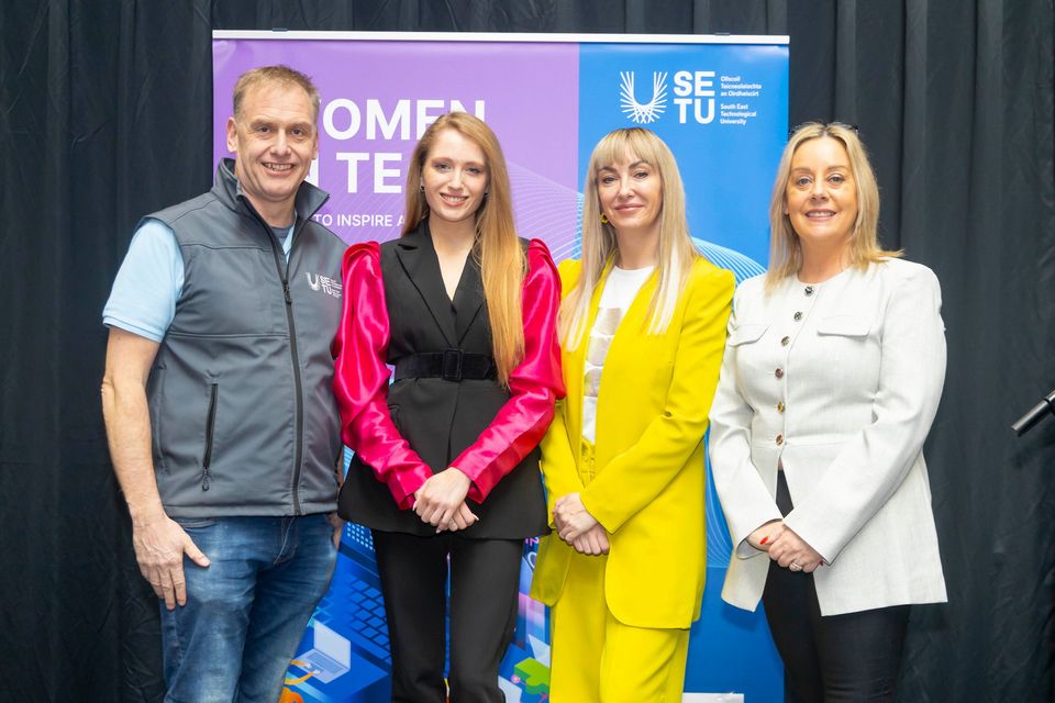 Pictured at South East Technological University’s (SETU) fifth annual Women in Technology event at the SETU Arena in Waterford were from Dr TJ McDonald Assistant Head of Computing and Mathematics Department, Zoe Ryan, RTÉ broadcaster and event MC, Kim McKenzie-Doyle, The Big Idea and keynote speaker, and Amanda Freeman-Gater, Assistant Head of the Computing and Mathematics Department. Photograph: Patrick Browne