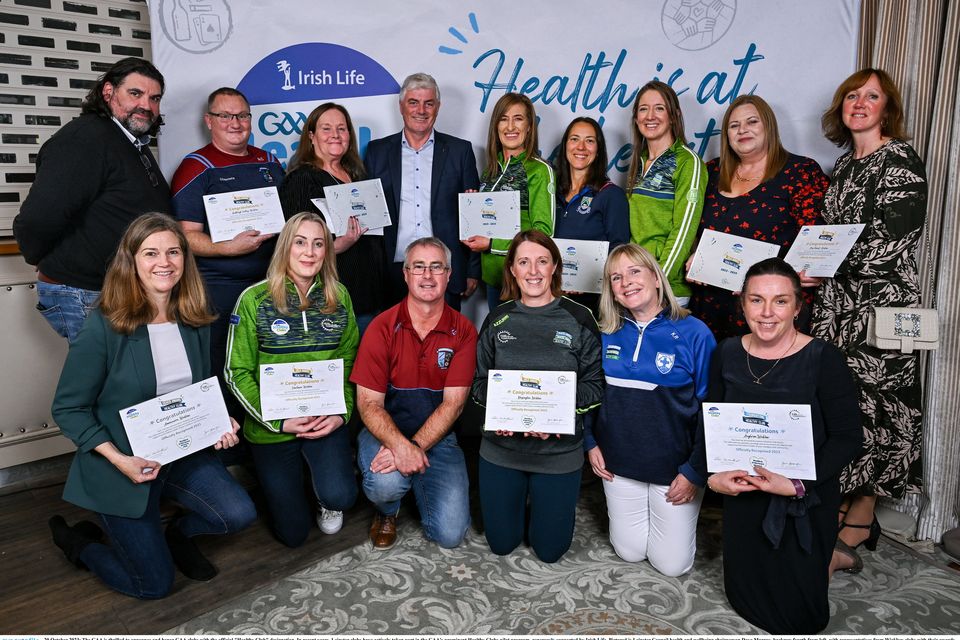 Pictured is Leinster Council health and wellbeing chairperson Dave Murray, backrow fourth from left, with representatives from Wicklow clubs with their awards at the presentation in the Killeshin Hotel in Portlaoise, Laois. 