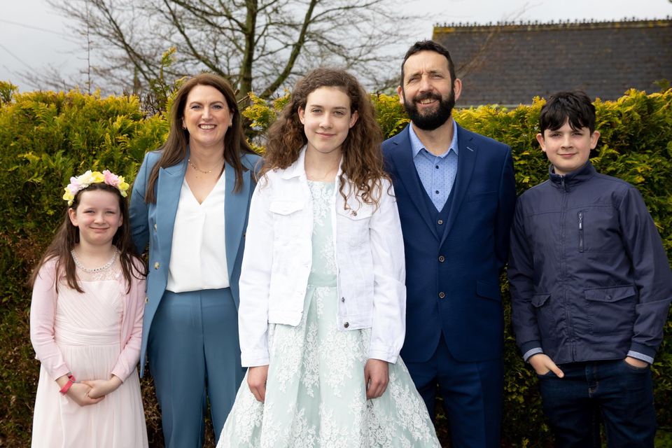 Scoil Mhuire Horeswood confirmation. From left; Grace, Margaret, Anna, Tom and Tom Mulcahy from Horeswood. Photo; Mary Browne