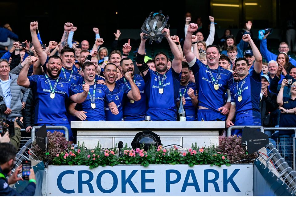 Leinster players celebrate after victory in the United Rugby Championship grand final at Croke Park. Photo: Brendan Moran/Sportsfile
