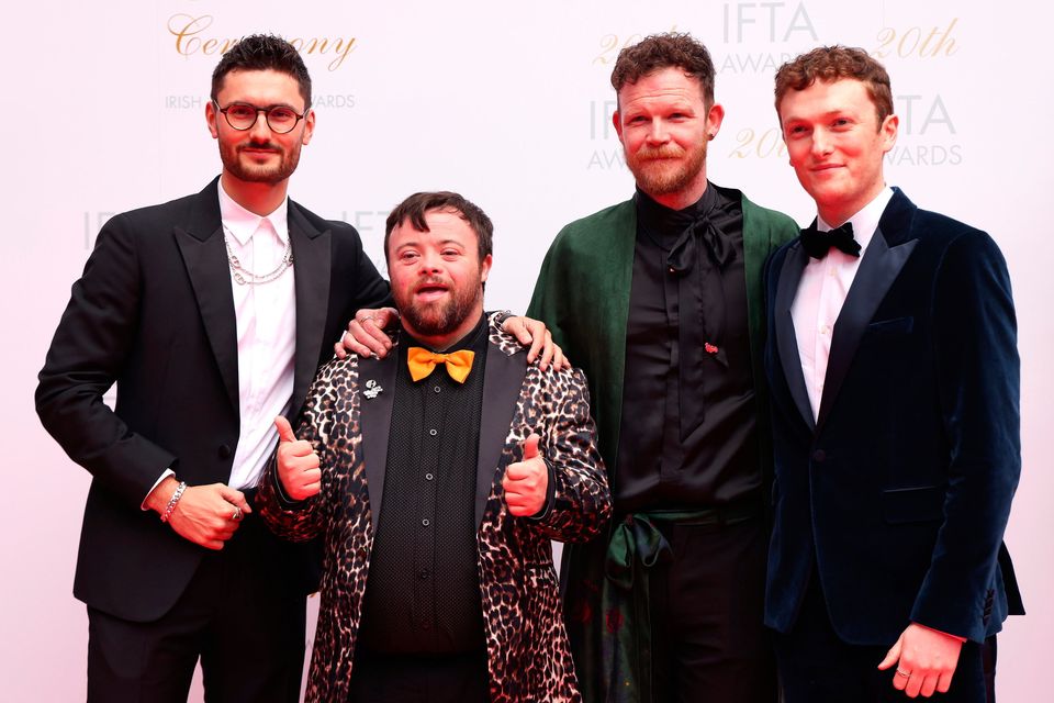 Tom Berkeley, Seamus O'Hara, James Martin and Ross White, An Irish Goodbye, arrive on the red carpet ahead the 20th Irish Film and Television Academy (IFTA) Awards ceremony at the Dublin Royal Convention Centre. Photo: Damien Eagers/PA Wire