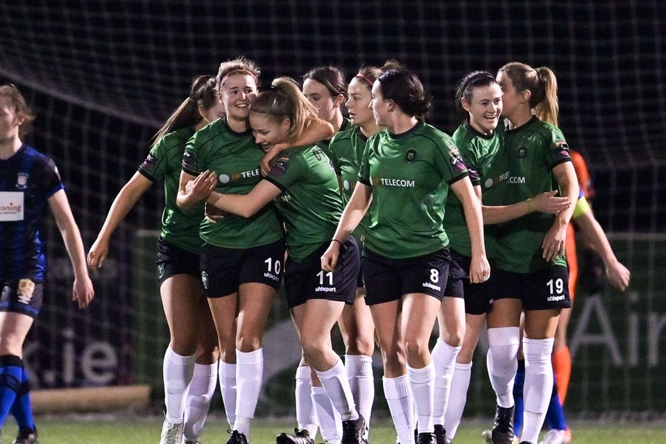 Erin McLaughlin of Peamount United, left, celebrates with teammates after scoring her side's second goal during the SSE Airtricity Women's Premier Division match between Athlone Town recently