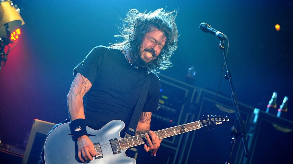 Dave Grohl of the Foo Fighters, as the US rock band have pulled out of performances at Glastonbury and Wembley Stadium after lead singer and guitarist Dave Grohl broke his leg.
