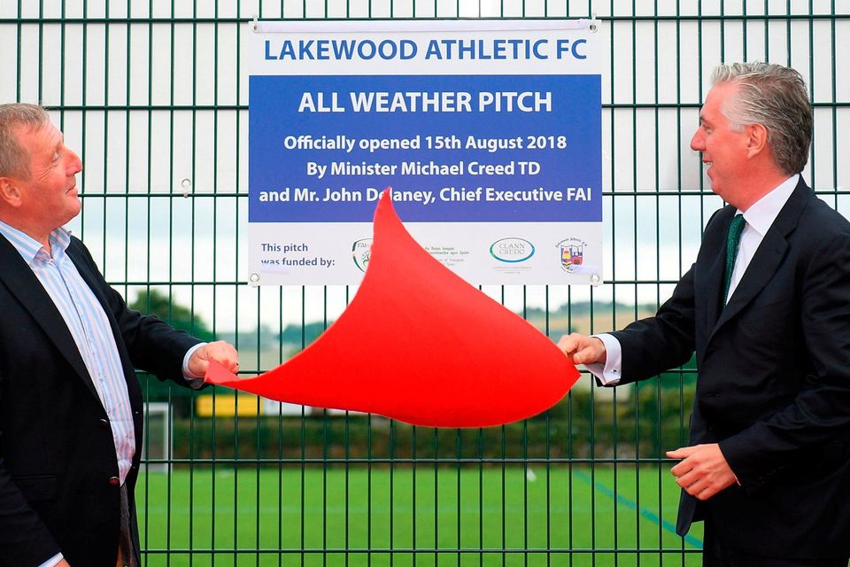 FAI CEO John Delaney and Minister for Agriculture Michael Creed opening a new pitch at Lakewood FC in Cork last night. Photo: Eóin Noonan/Sportsfile