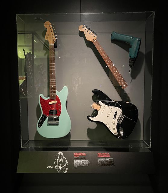 Two of Kurt Cobain's guitars at the Rock & Roll Hall of Fame