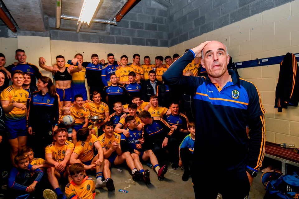 Roscommon manager Anthony Cunningham and his team in the dressing room following the Connacht GAA Football Senior Championship Final match between Galway and Roscommon at Pearse Stadium in Galway. Photo by Ramsey Cardy/Sportsfile