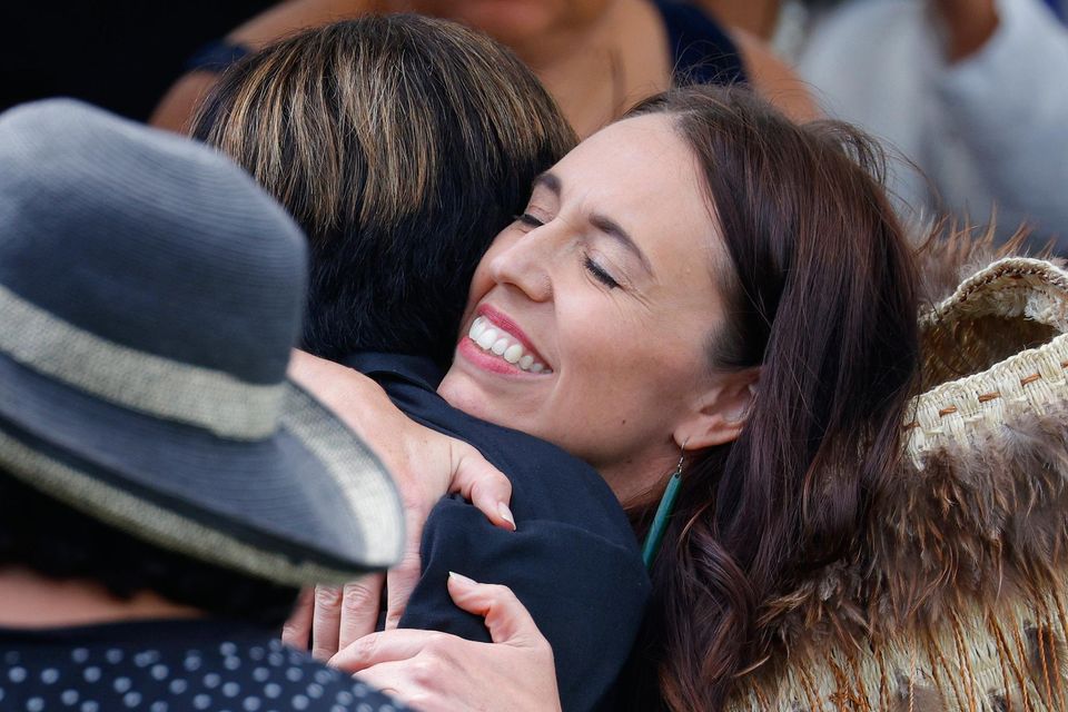 Jacinda Ardern receives a hug during Ratana celebrations marking her last day as New Zealand prime minister. Picture: Getty