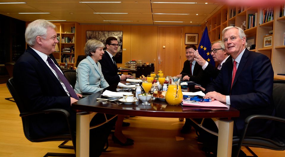 Britain's Secretary of State for Exiting the European Union David Davis, Britain's Prime Minister Theresa May, European Commission President Jean-Claude Juncker and European Union's chief Brexit negotiator Michel Barnier meet at the European Commission in Brussels, Belgium, December 8, 2017. REUTERS/Eric Vidal