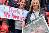 thumbnail: Two Liverpool fans with a message for Steven Gerrard during the Barclays Premier League match at the Britannia Stadium, Stoke. 
Dave Howarth/PA Wire.
