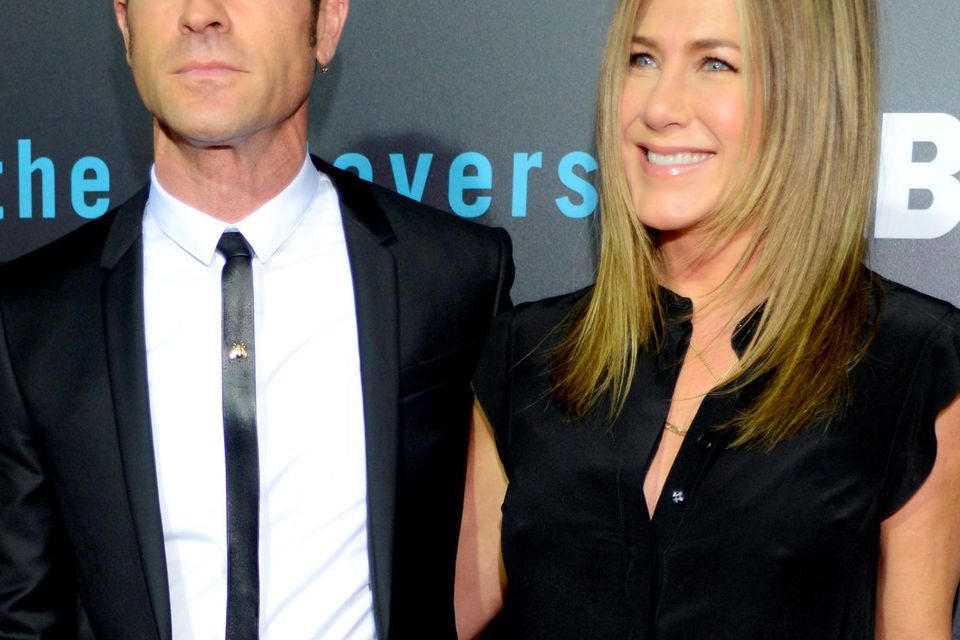 Justin Theroux (L) and Jennifer Aniston attend HBO's "The Leftovers" Season 2 Premiere during The ATX Television Festival at the Paramount Theatre on October 3, 2015 in Austin, Texas.  (Photo by Tim Mosenfelder/Getty Images)