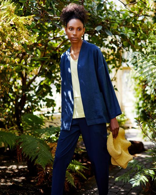 Navy 100pc linen jacket €60, trousers €40, lime jersey and linen hem dropped shoulder top, €25, Carolyn Donnelly The Edit, Dunnes Stores and online