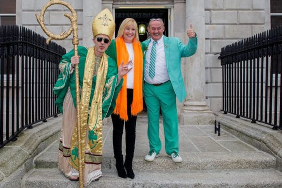 Brendan O'Carroll, Jenny Gibney and Johnny Murphy ahead of the St Patrick's Day parade in Dublin