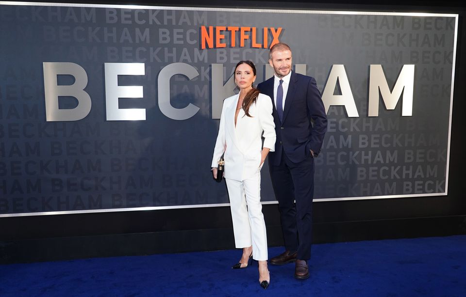 Victoria and David Beckham arrive for the premiere of Netflix’s documentary series Beckham in London (Ian West/PA)