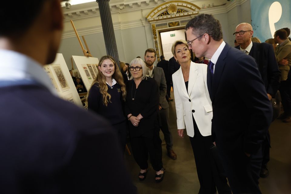 Coláiste Muire student Shauna Davey, her teacher Oona McGrath, President of the Swiss Confederation Karin Keller-Sutter, and Minister for Arts, Culture, Communications, Media and Sport Patrick O’Donovan TD.