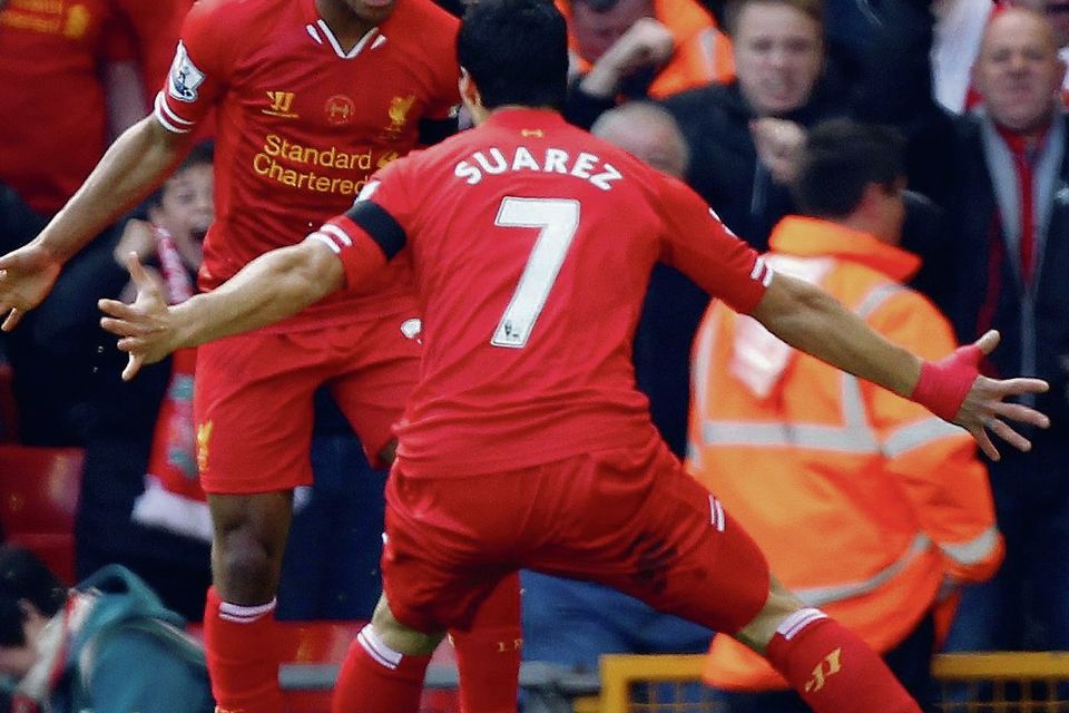 Liverpool's Raheem Sterling celebrates. Picture credit: Peter Byrne/PA Wire
