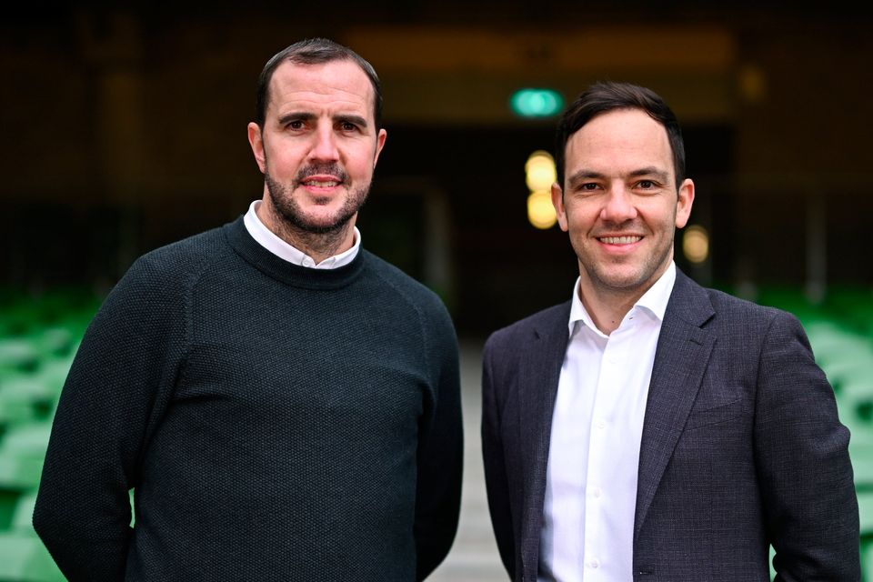 Newly appointed Ireland interim head coach John O'Shea and FAI director of football Marc Canham at the Aviva Stadium. Photo: Stephen McCarthy/Sportsfile