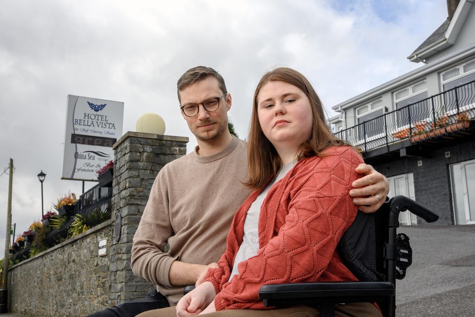 Shannen O'Flaherty (27) and her husband Jonas Atzler (28) are staying in temporary accommodation in a Cobh hotel. Photo: Daragh McSweeney