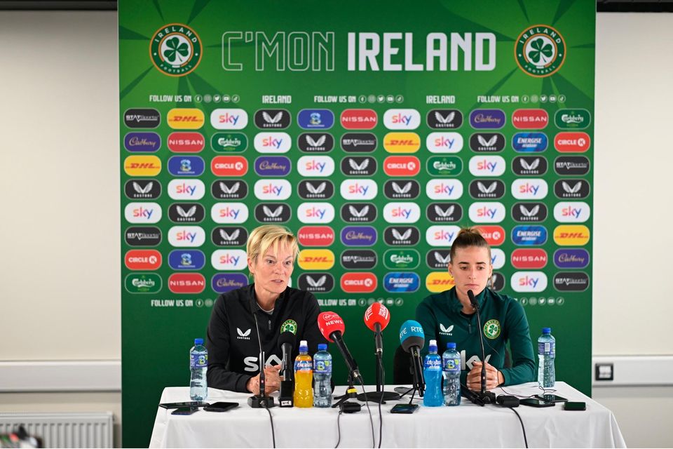 Ireland manager Vera Pauw and Chloe Mustaki during a press conference at Tallaght Stadium. Photo: Stephen McCarthy/Sportsfile