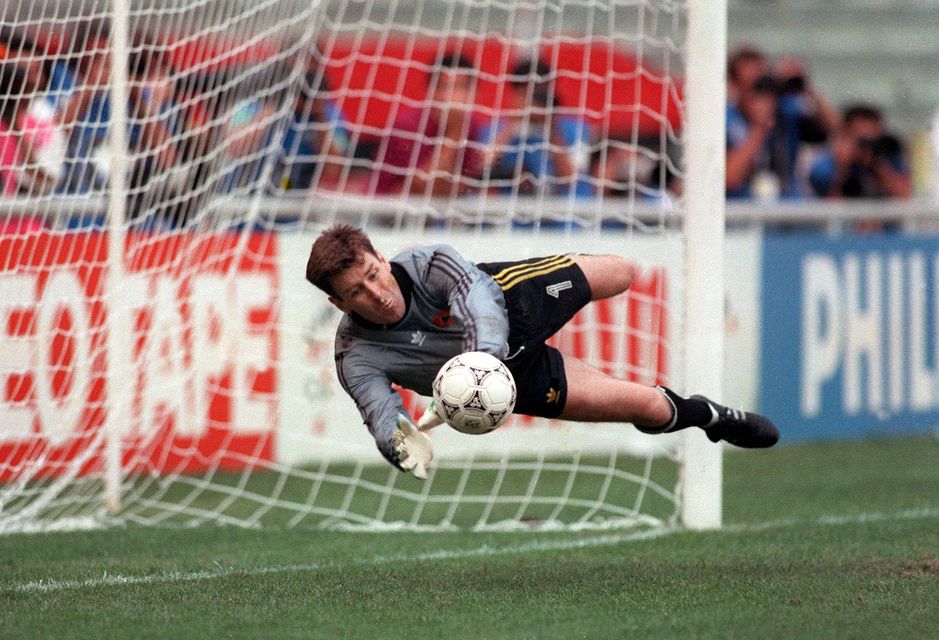 Packie Bonner saves Daniel Timofte's penalty in Ireland's shootout victory against Romania at World Cup 1990. Photo: Inpho