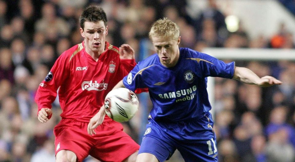 Liverpool's Steve Finnan tackles Ireland team-mate Damien Duff of Chelsea back in 2006