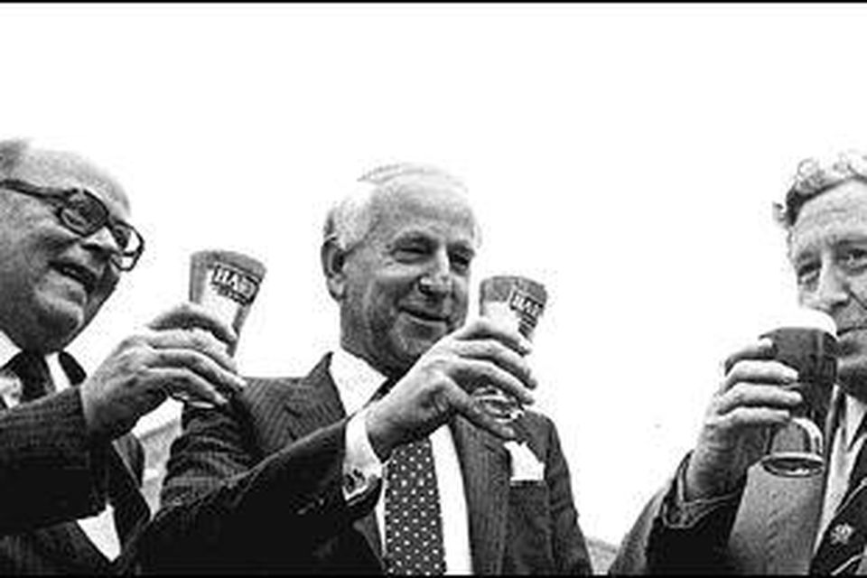 Toasting the new brewhouse in Dundalk back in 1986 from left, Lough Iveagh, then President of Guinness, Earnest Saunders, then Chairman and Chief Executive of Guinness, the Taoiseach, Garret Fitzgerald and Brian Slowey, Guinness  Ireland.