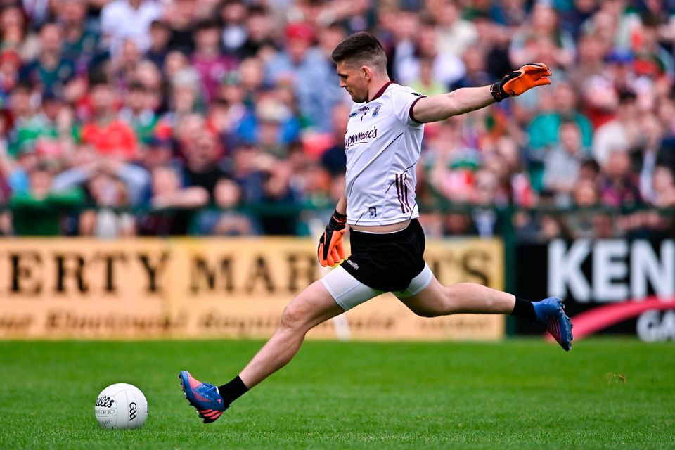 Galway goalkeeper Connor Gleeson scores the winning point from a free-kick in injury-time of the Connacht SFC final against Mayo at Pearse Stadium. Photo: Piaras Ó Mídheach/Sportsfile