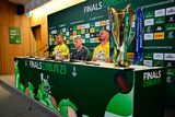 thumbnail: La Rochelle head coach Ronan O'Gara, centre, with Romain Sazy, left, and Grégory Alldritt during the post-match media conference after their Champions Cup final win over Leinster at Aviva Stadium in Dublin