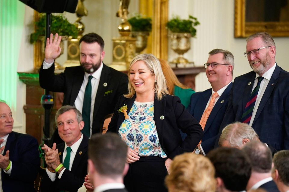 Sinn Féin vice-president Michelle O'Neill, DUP leader Jeffrey Donaldson (second from right) and UUP leader Doug Beattie (right) at the White House, Washington, on St Patrick's Day. Photo: Niall Carson/PA Wire