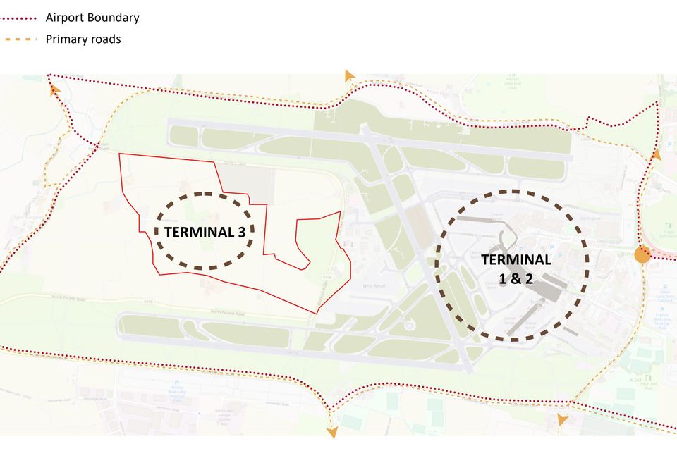 A map showing where the proposed new Terminal 3 would go in relation to Terminals 1 and 2 at Dublin Airport