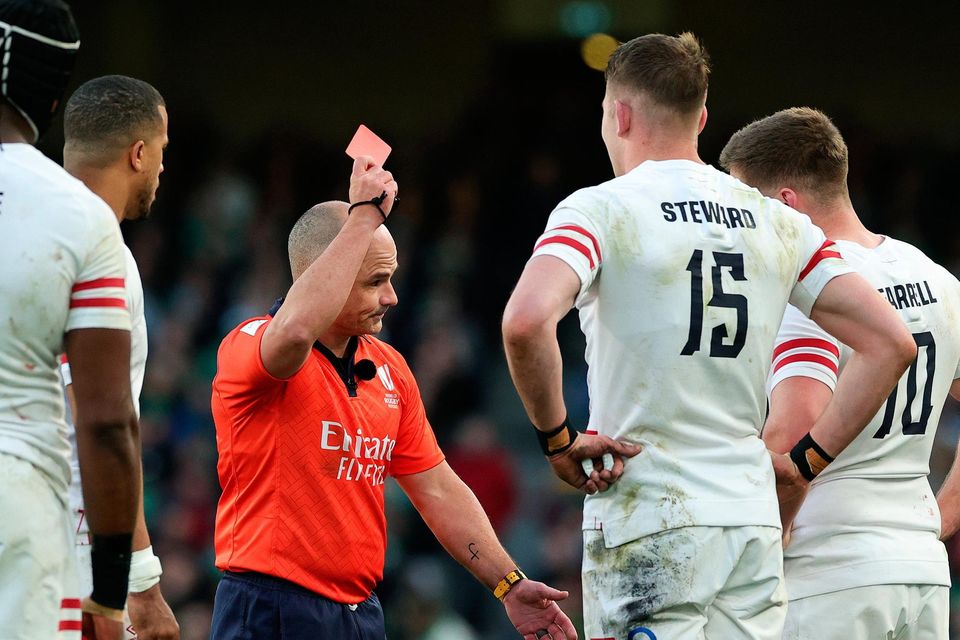 Freddie Steward of England receives a red card from referee Jaco Peyper during the Six Nations clash against Ireland. Photo: David Rogers/Getty Images