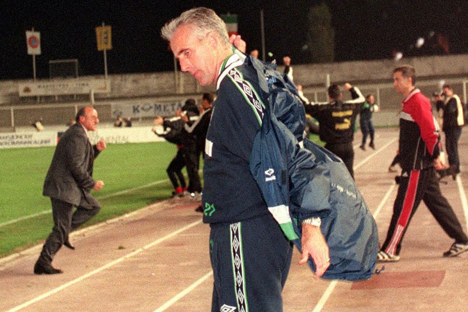 Ireland manager Mick McCarthy watches as Macedonia score in injury-time in Skopje, October 1999 to deny him automatic qualification for Euro 2000