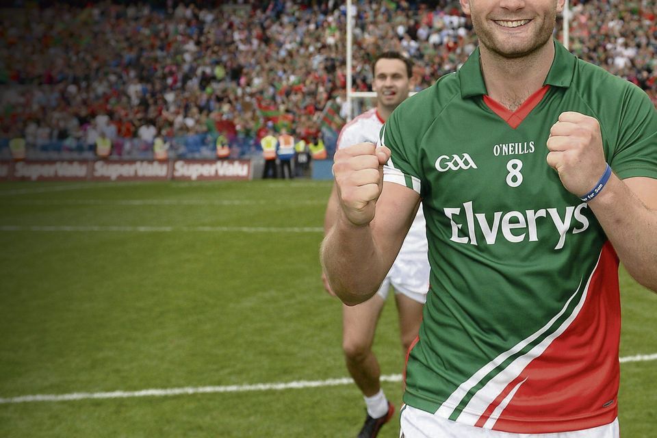Aidan O’Shea celebrates after Mayo’s win against Tyrone