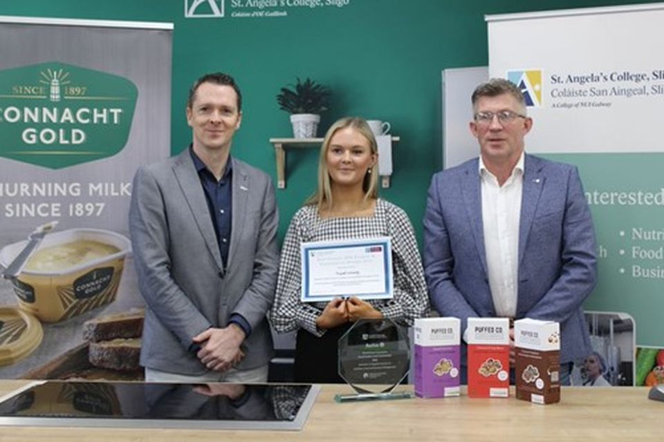 L-R Stephen Walshe, Sligo Local Enterprise Office, Sinead Conway, BA Sc 4 student, St. Angela’s College, Robert Hosey, Group Technical Manager at Aurivo.
