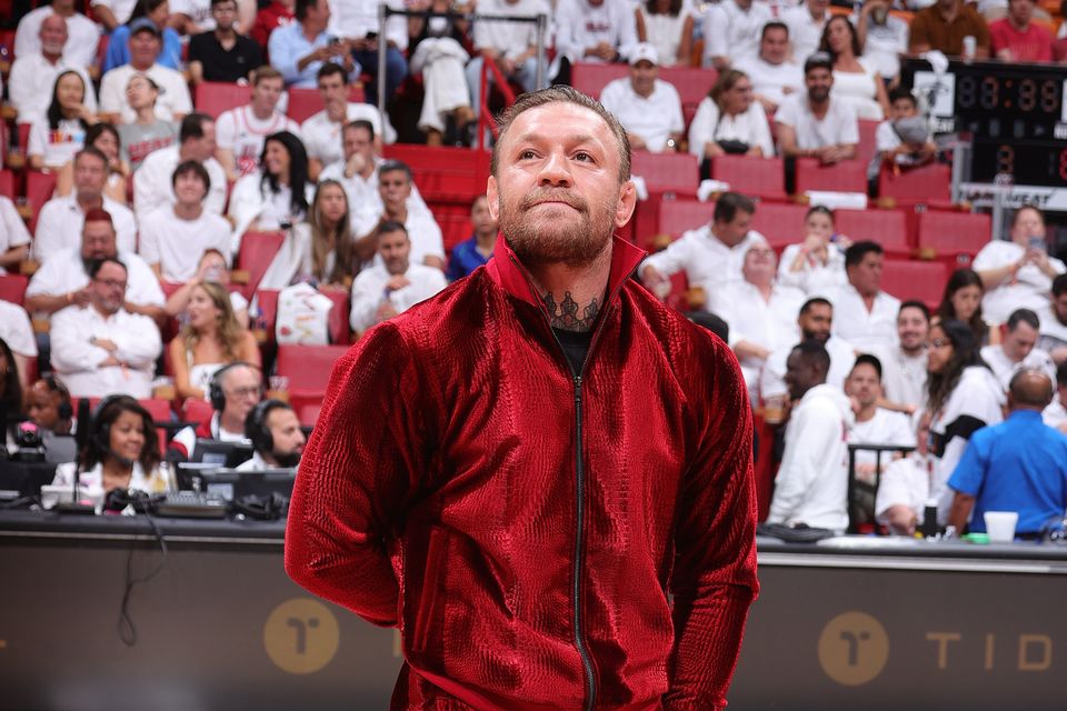 MIAMI, FL - JUNE 9: Conor McGregor during Game Four of the 2023 NBA Finals between the Denver Nuggets and the Miami Heat on June 9, 2023 at Kaseya Center in Miami, Florida. NOTE TO USER: User expressly acknowledges and agrees that, by downloading and or using this Photograph, user is consenting to the terms and conditions of the Getty Images License Agreement. Mandatory Copyright Notice: Copyright 2023 NBAE (Photo by Nathaniel S. Butler/NBAE via Getty Images)