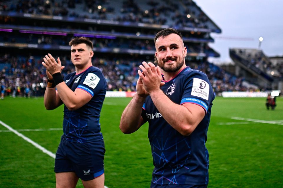 Leinster players Rónan Kelleher (right) and Dan Sheehan thank the crowd after their victory against Northampton Saints at Croke Park. Photo: Harry Murphy/Sportsfile