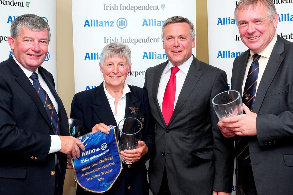 Newcastle West team, regional winners of Allianz-Irish Independent Executive Golf Trophy 2014 at Glasson (left to right): Frank Moore, Peg Murphy, Sean McGrath of Allianz and Michael O’Connor. Photo: James Flynn/APX