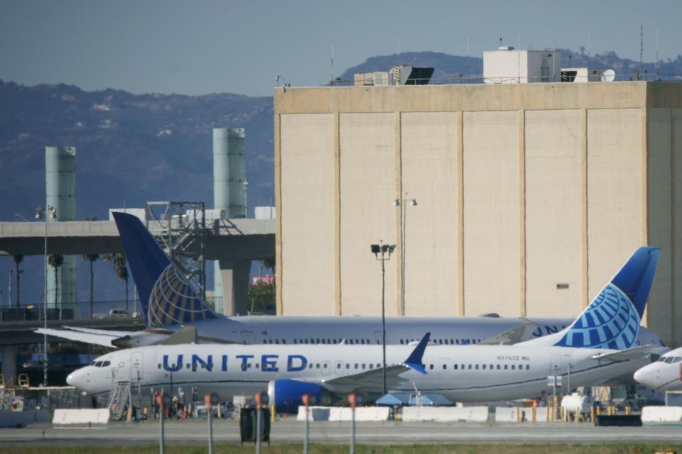 A United Airlines Boeing 737 Max-9 aircraft grounded at Los Angeles International Airport (LAX) in Los Angeles, California, US, on Monday, Jan. 8, 2024. Photographer: Eric Thayer/Bloomberg