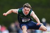thumbnail: Adam Nolan of Scoil Chonglais Baltinglass on his way to winning the senior boys 110m hurdles at the Irish Life Health All Ireland Schools Track and Field Championships at Tullamore in Offaly.
