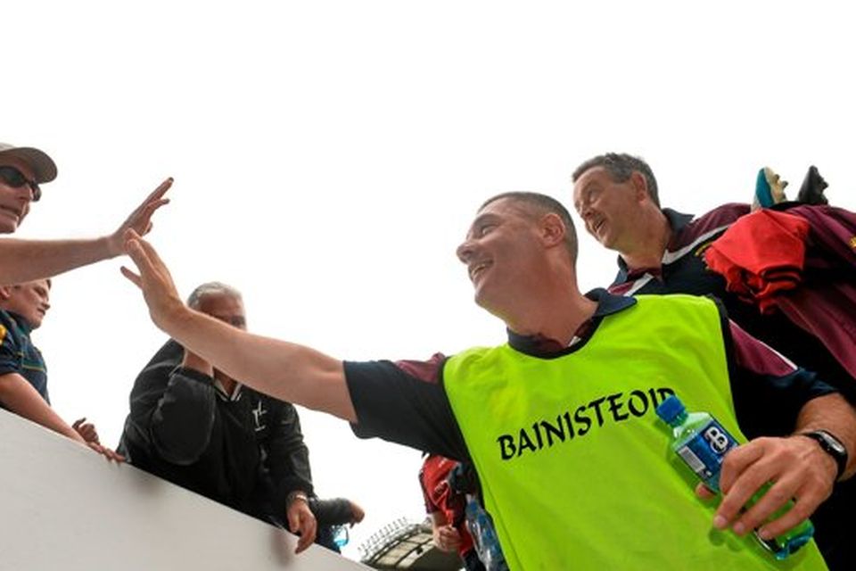 28 June 2015; Tom Cribbin, Westmeath manager,  celebrates at the end of the game. Leinster GAA Football Senior Championship, Semi-Final, Westmeath v Meath