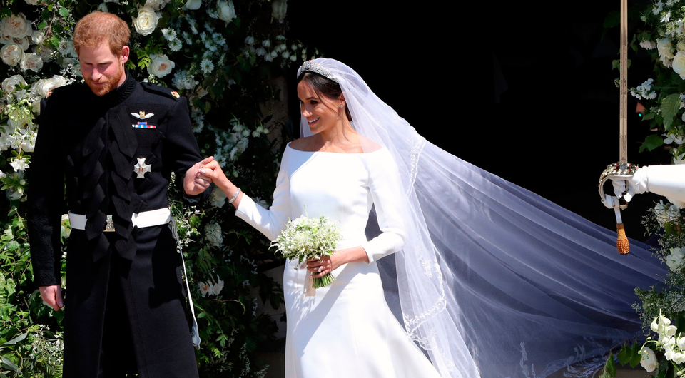 Meghan’s flower-embroidered veil. Photo: PA
