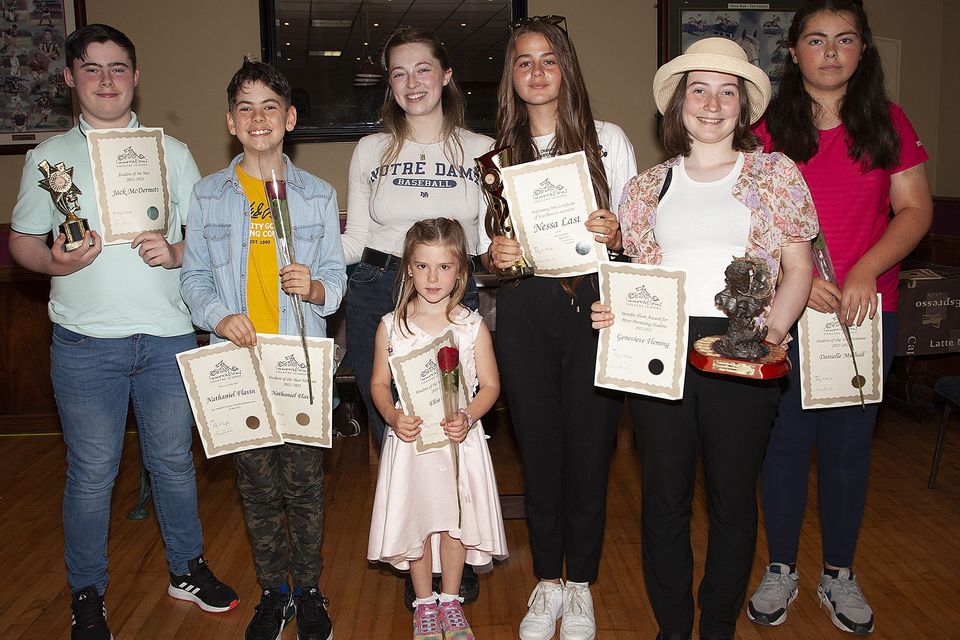 Recipients of P.A.C.E. Awards pictured at the Innovations Theatre School Awards Ceremony in the Loch Garman Arms Hotel, Gorey on Sunday. (l to r)- Jack mcDermott, Nathaniel Flavin, Lily Henrick (Innovations Theatre School), Elise Barry, Nessa Last, Genevieve Fleming, Danielle Mulhall. Pic: Jim Campbell