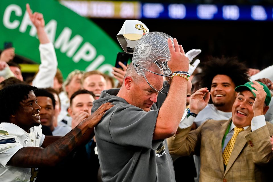 24 August 2024; Georgia Tech head coach Brent Key celebrates after the 2024 Aer Lingus College Football Classic match between Florida State and Georgia Tech at Aviva Stadium in Dublin. Photo by Brendan Moran/Sportsfile 