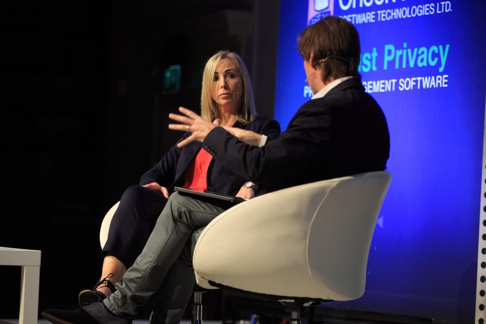 Warning: Data Protection Commissioner Helen Dixon talks to Irish Independent Technology Editor Adrian Weckler at the Secure Computing Forum at the RDS, Dublin. Photo: Mark Condren