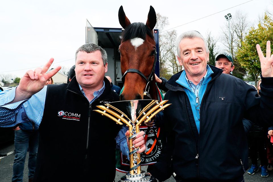 Michael O’Leary (right), Gordon Elliott and Tiger Roll. Photo: Brian Lawless/PA
