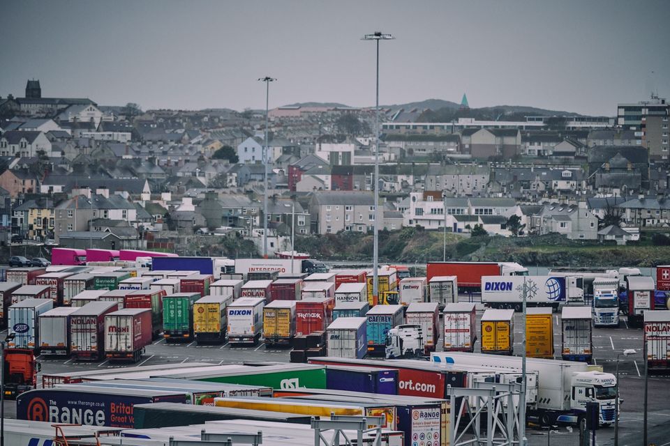 Trucks and trailers sit parked at Holyhead Port. Photo: Matthew Lloyd/Bloomberg