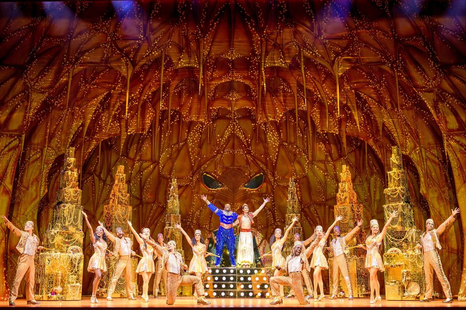 Gavin Adams, Yeukayi Ushe and ensemble in Aladdin which is running at the Bord Gáis Energy Theatre